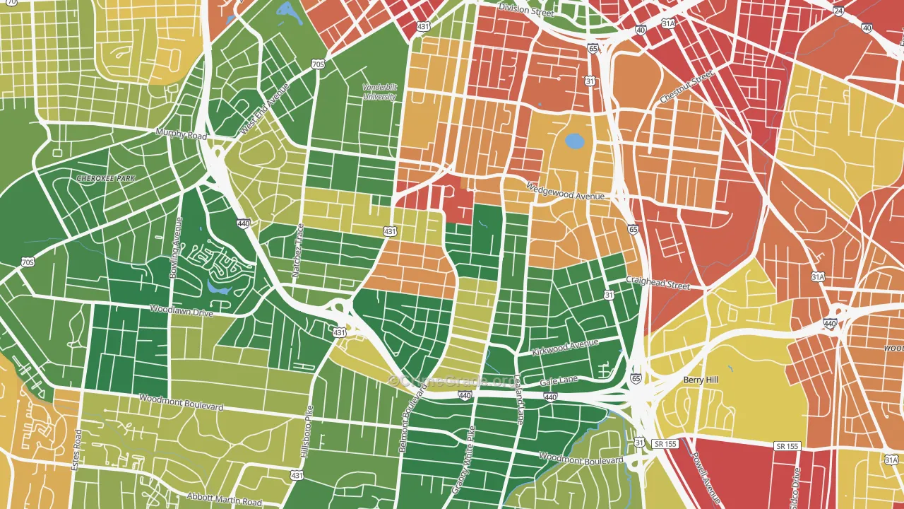 Bellmont Hillsboro, Nashville, TN Map of Vandalism Rates