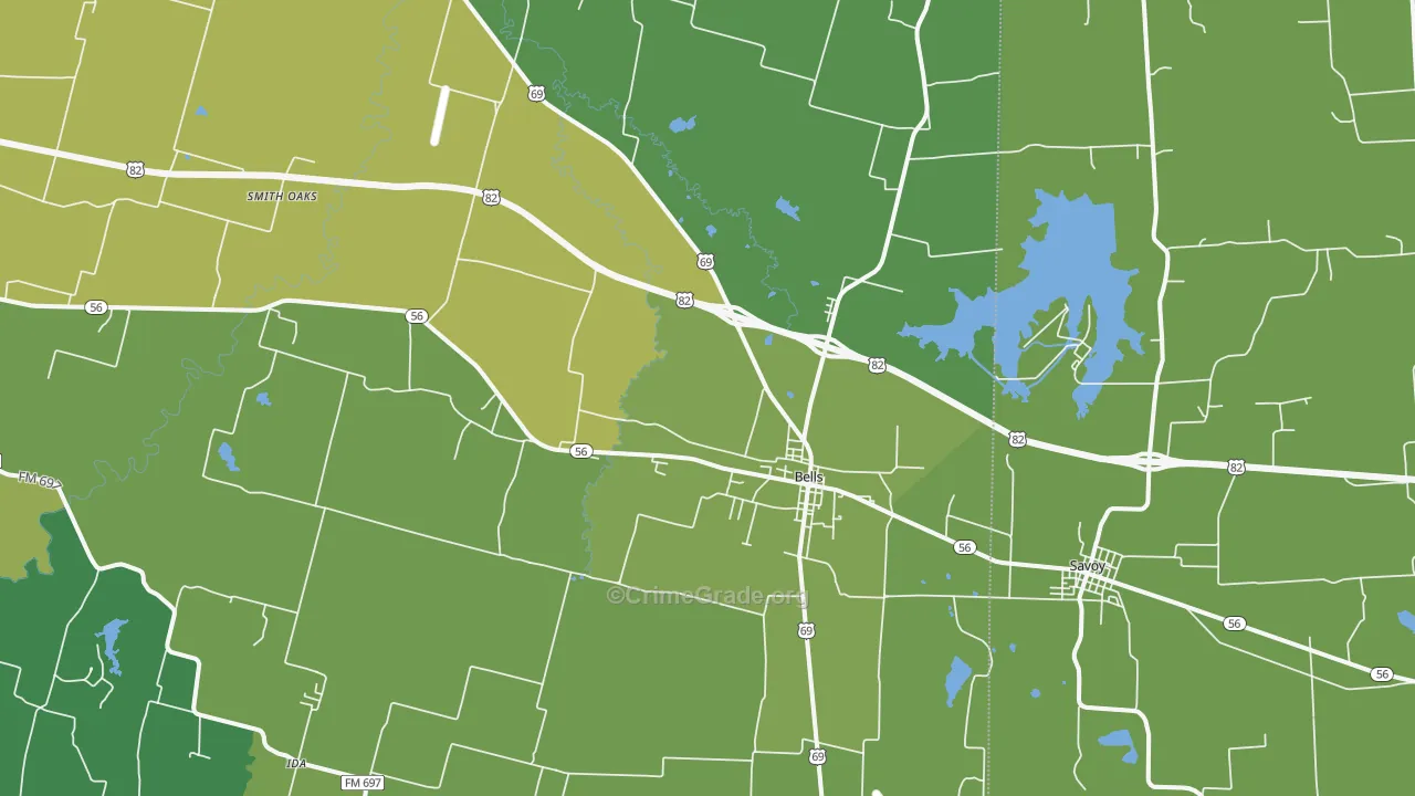 Bells, TX Map of Vandalism Rates
