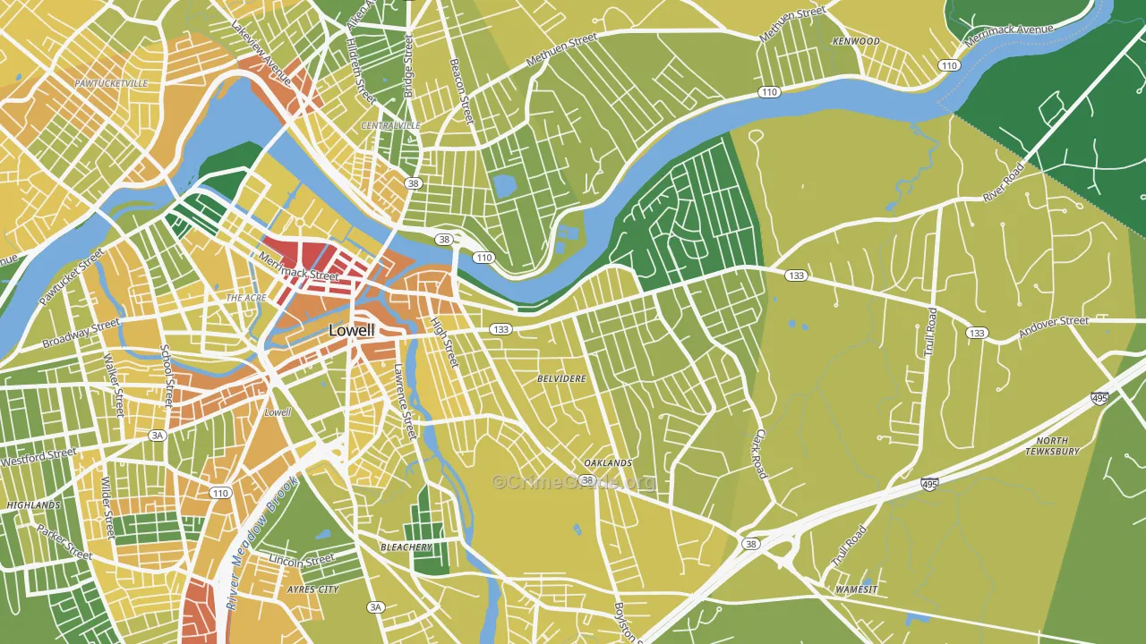 Belvidere, Lowell, MA Map of Vandalism Rates
