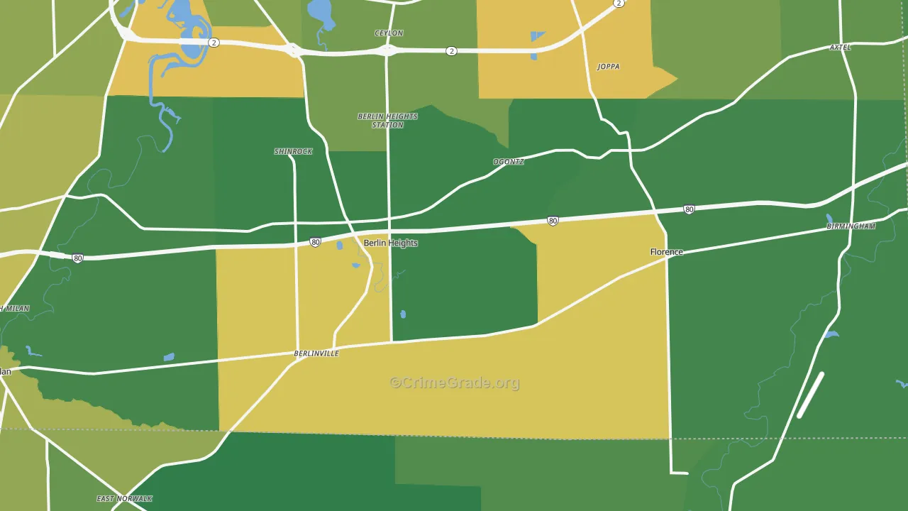 Berlin Heights, OH Map of Vandalism Rates