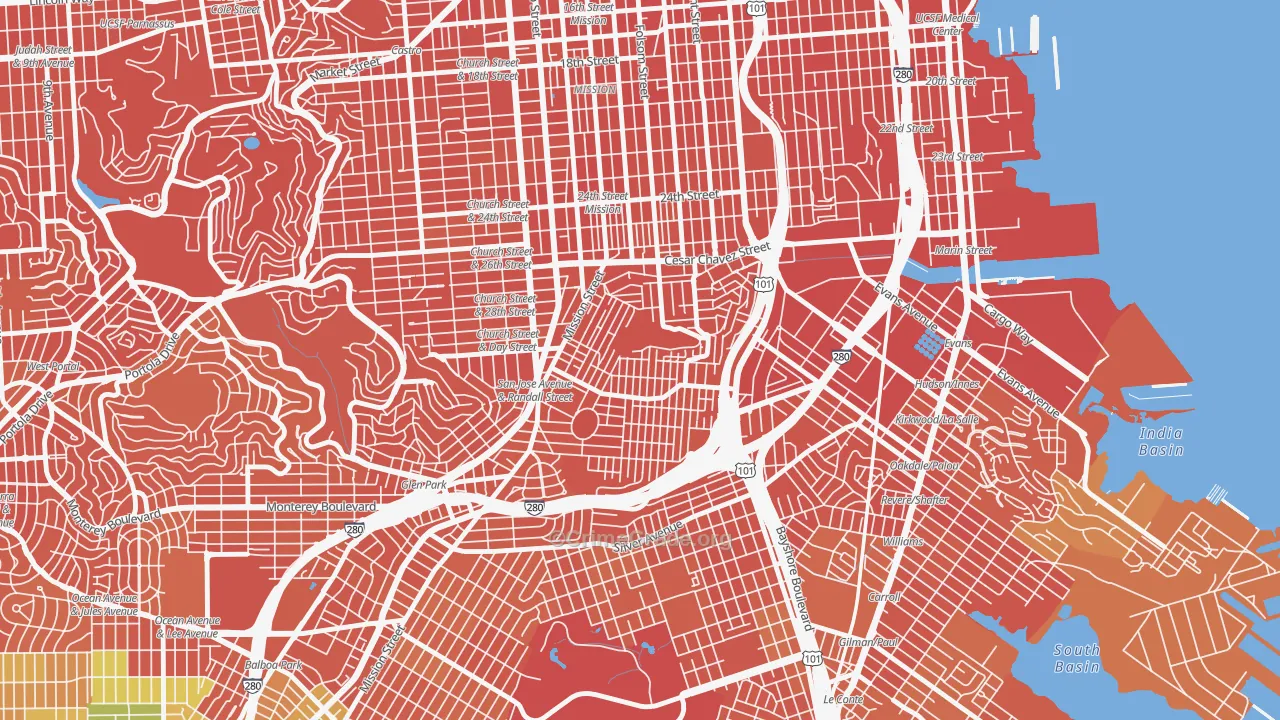 Bernal Heights, San Francisco, CA Map of Vandalism Rates