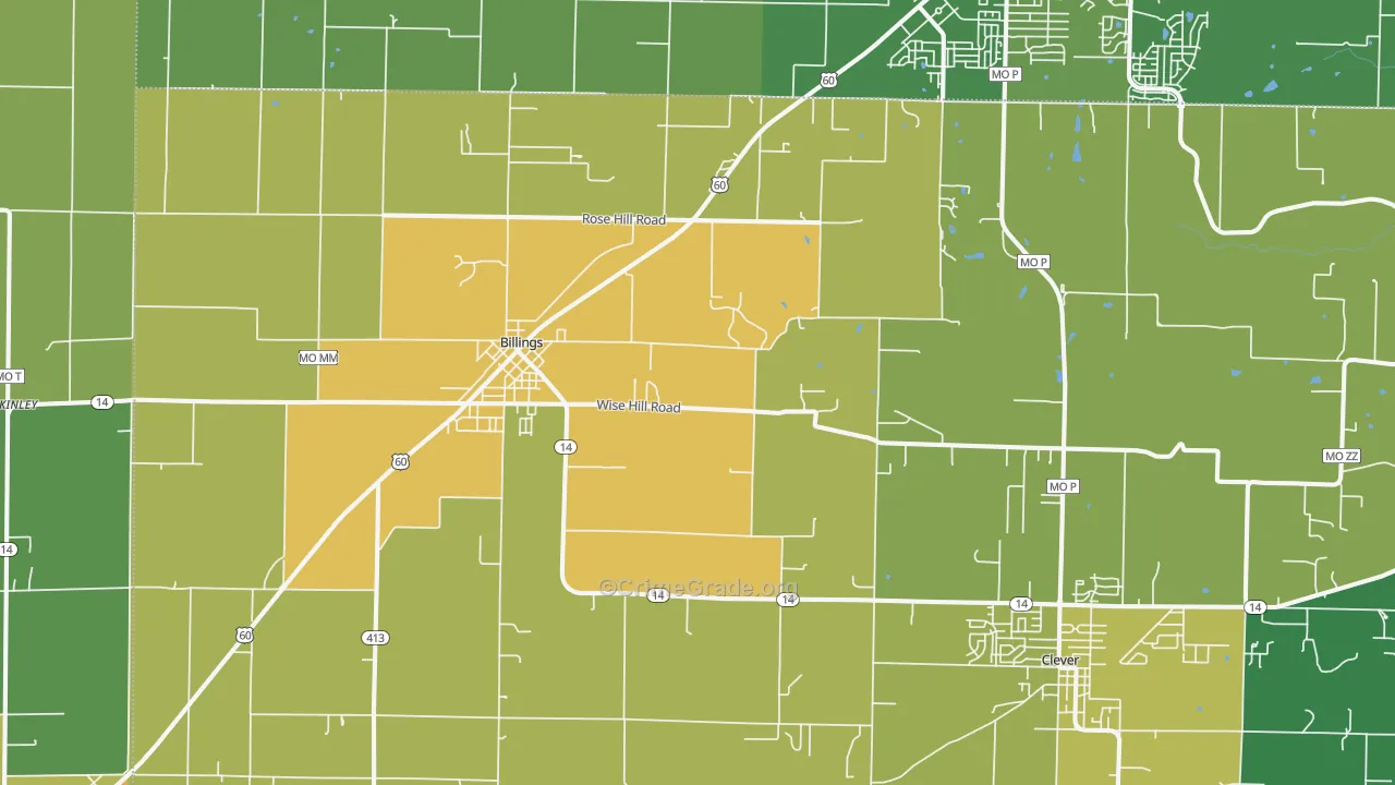 Billings, MO Map of Vandalism Rates