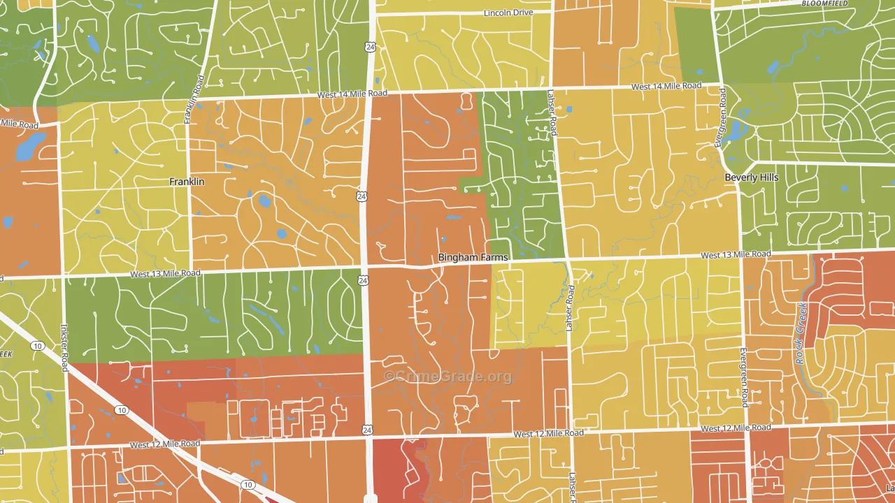 Bingham Farms, MI Map of Vandalism Rates