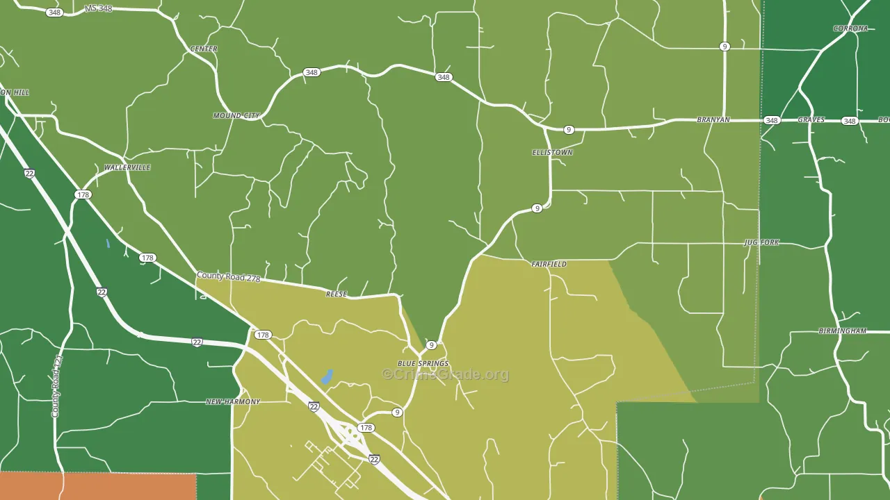 Blue Springs, MS Map of Vandalism Rates