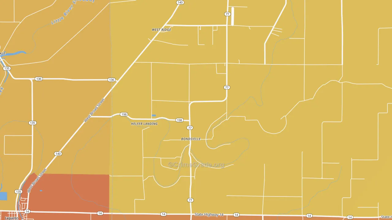 Bondsville, AR Map of Vandalism Rates