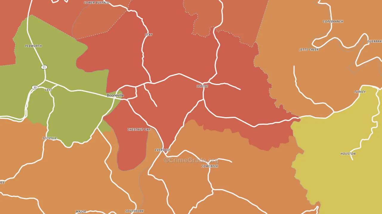 Booneville, KY Map of Vandalism Rates