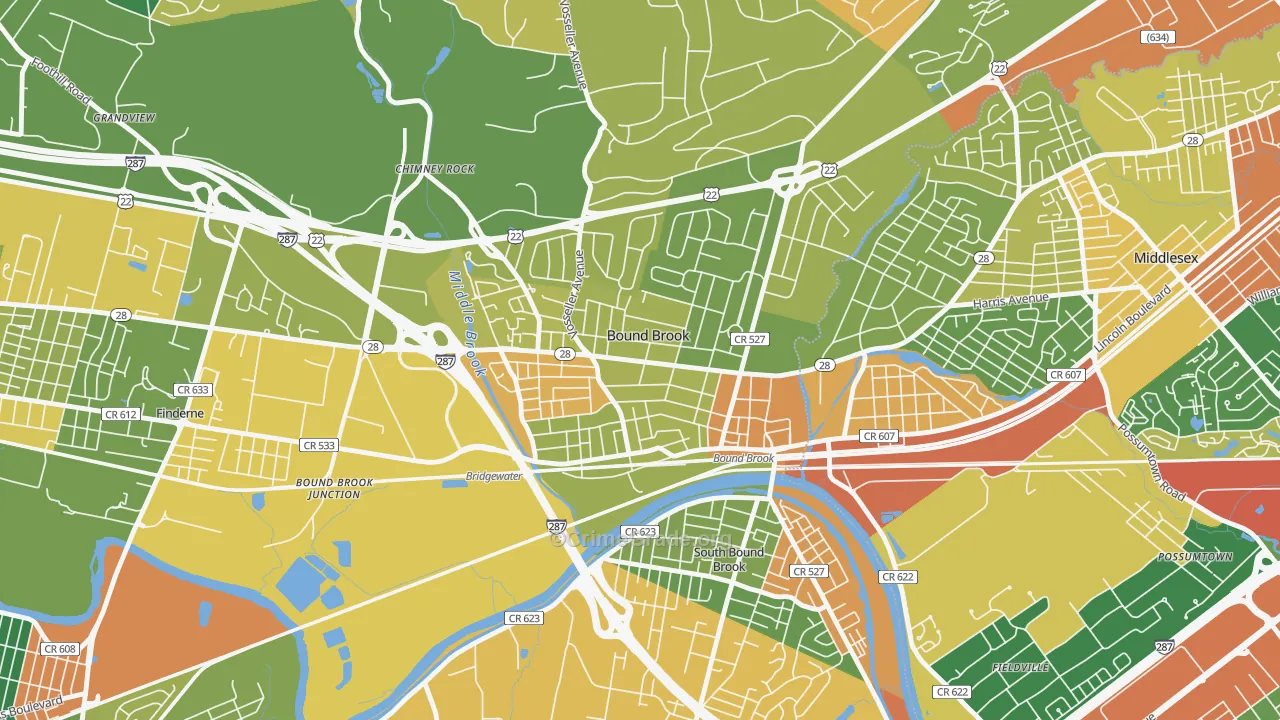 Bound Brook, NJ Map of Vandalism Rates