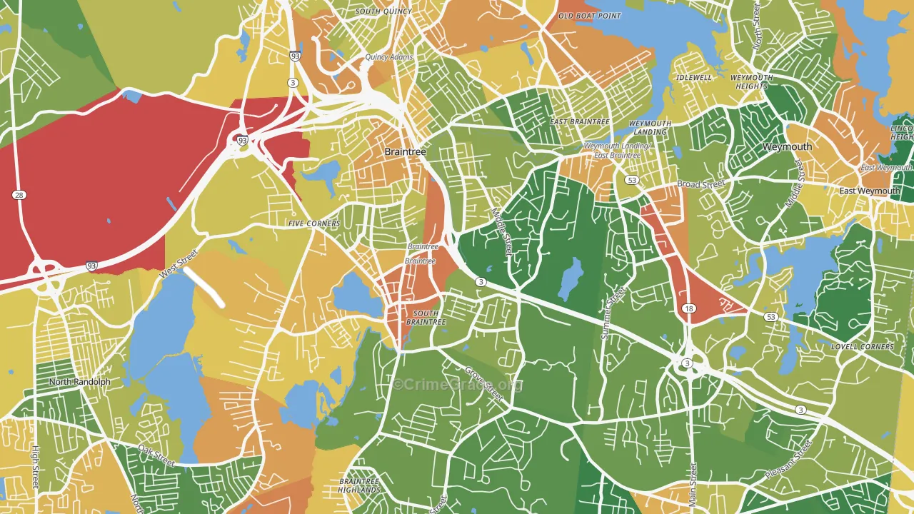 Braintree Town, MA Map of Vandalism Rates