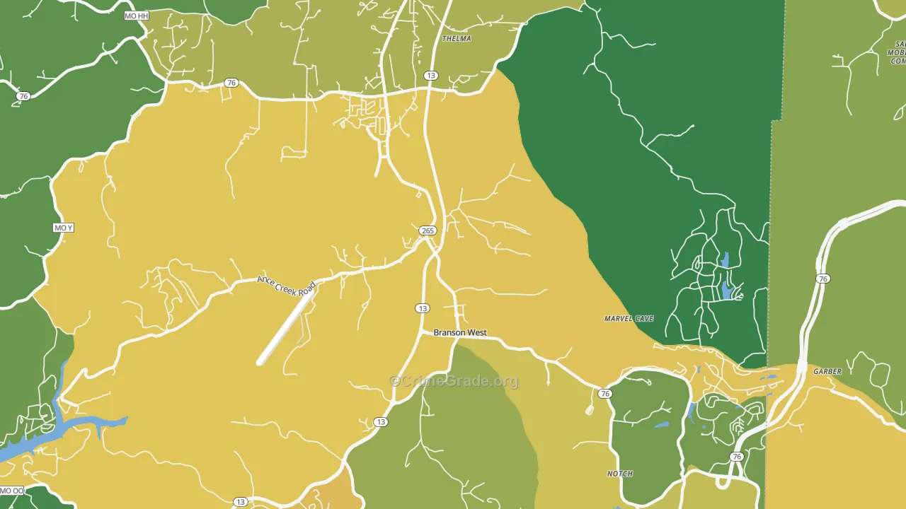Branson West, MO Map of Vandalism Rates