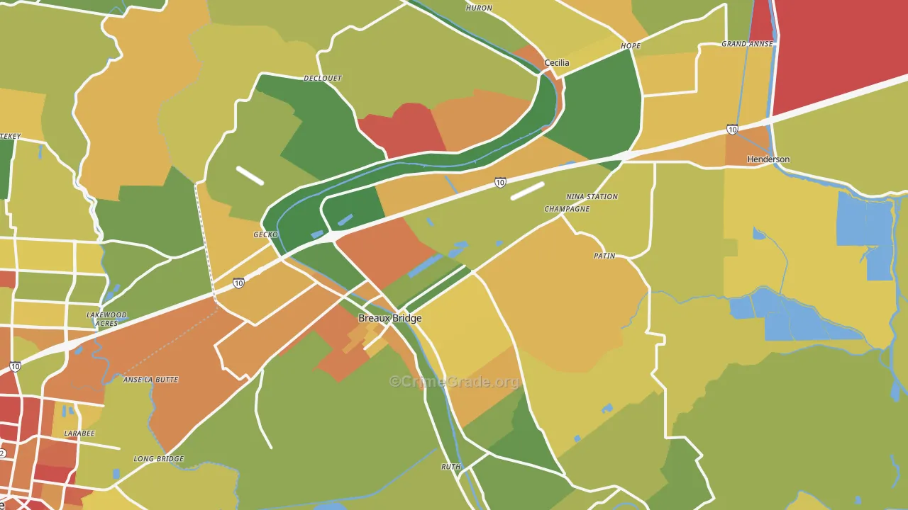 Breaux Bridge, LA Map of Vandalism Rates