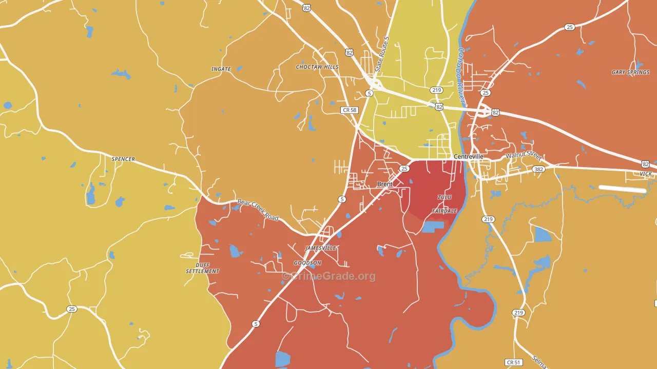 Brent, AL Map of Vandalism Rates
