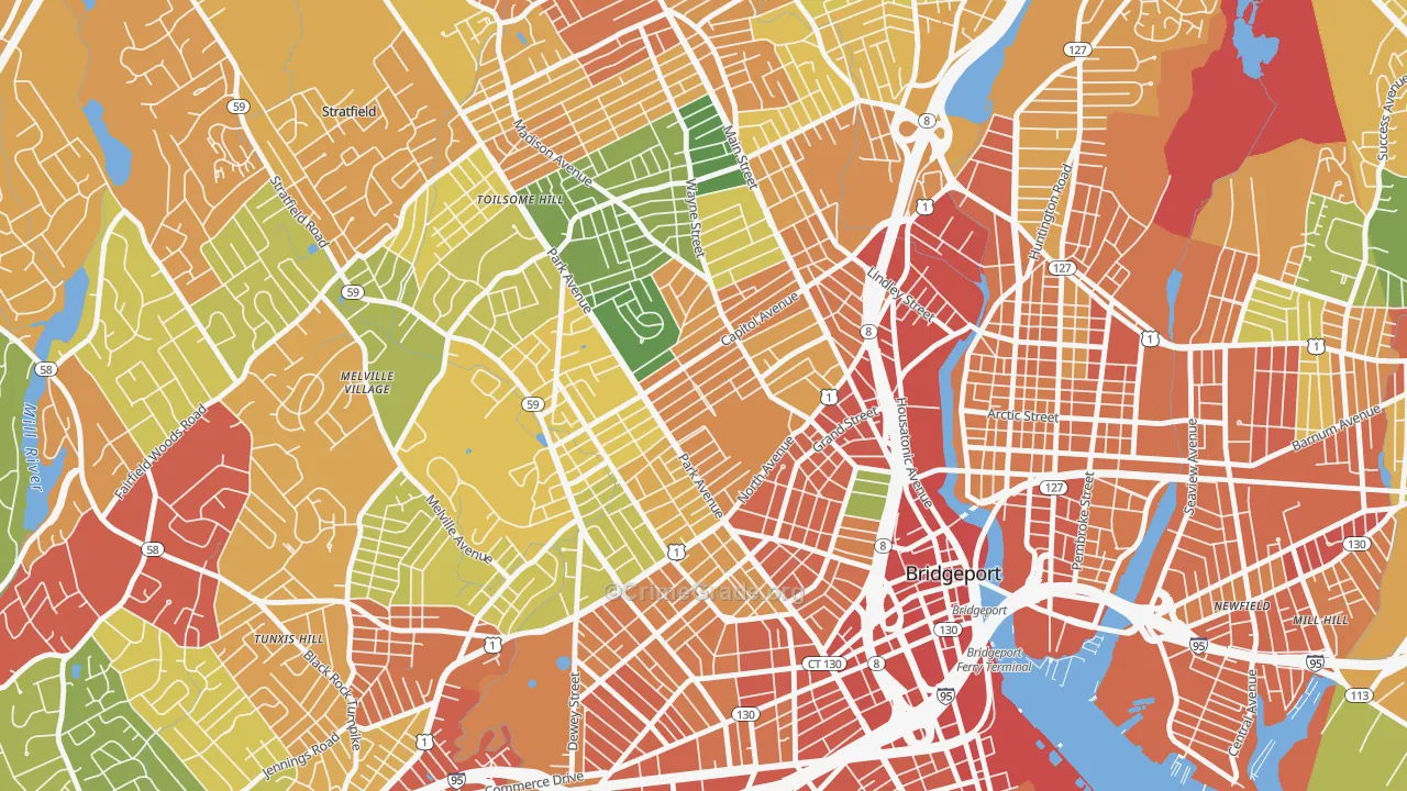 Brooklawn-St. Vincent, Bridgeport, CT Map of Vandalism Rates
