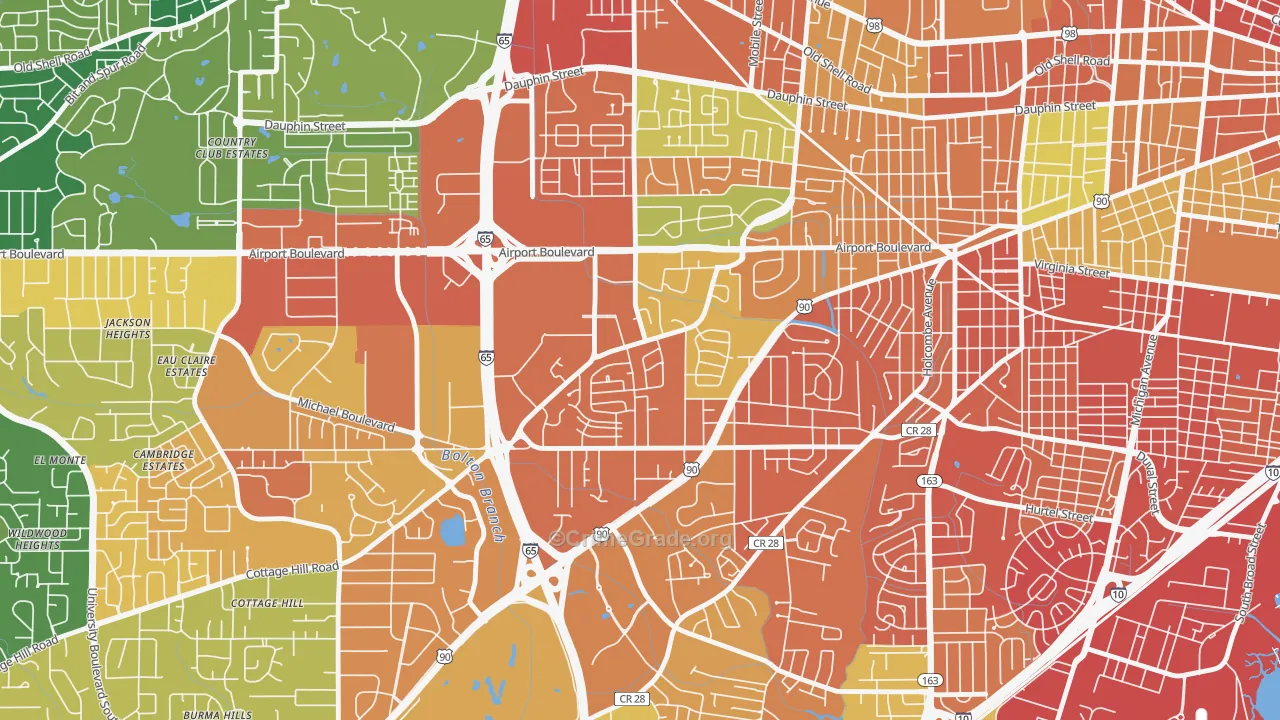 Brookwood, Mobile, AL Map of Vandalism Rates