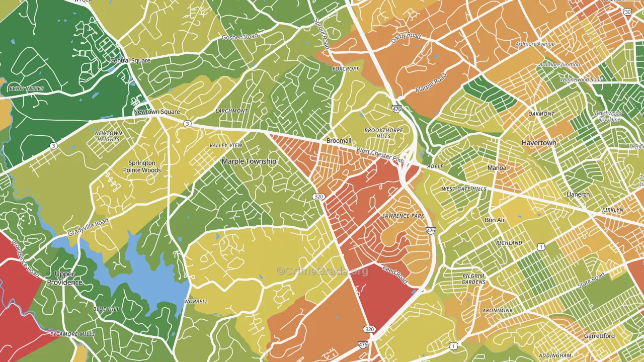 Broomall, PA Map of Vandalism Rates