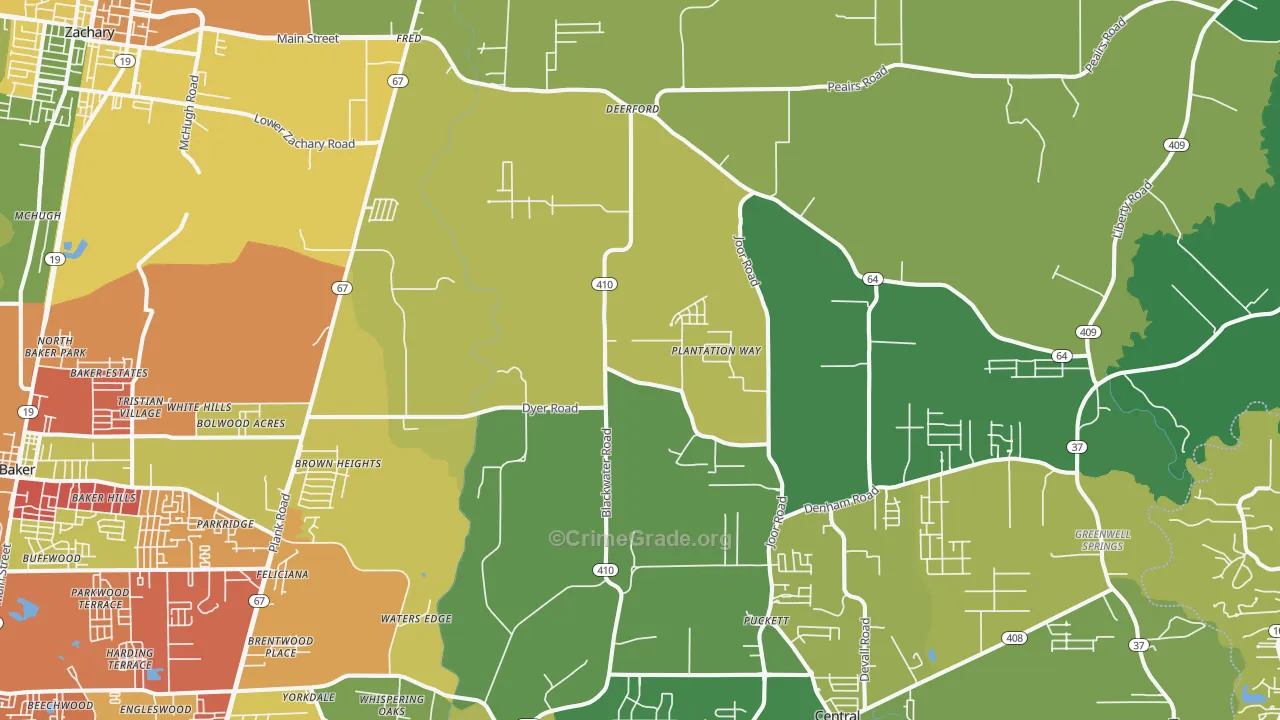 Brownsfield-Central, Baton Rouge, LA Map of Vandalism Rates