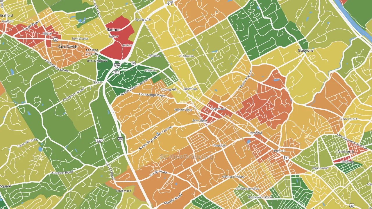 Bryn Mawr, PA Map of Vandalism Rates