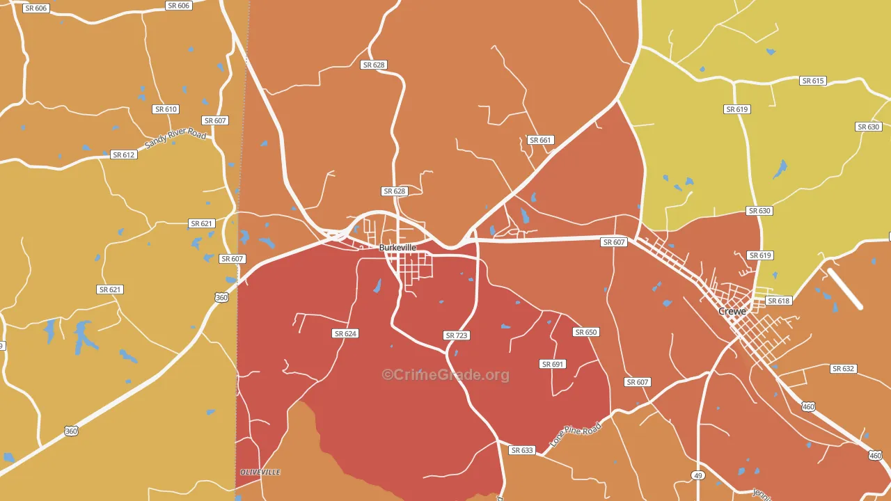Burkeville, VA Map of Vandalism Rates