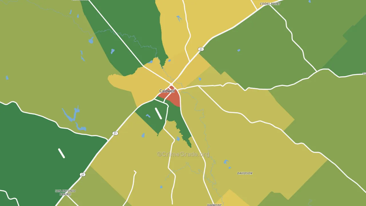 Caldwell, TX Map of Vandalism Rates