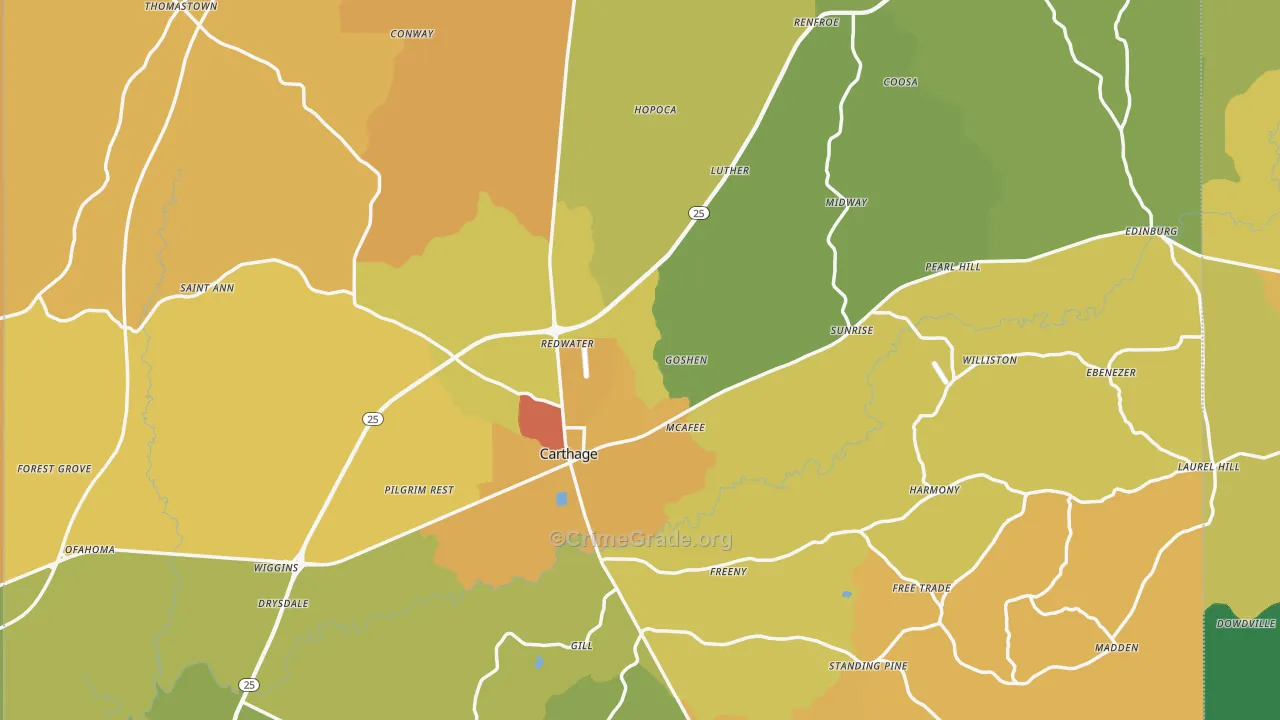 Carthage, MS Map of Vandalism Rates