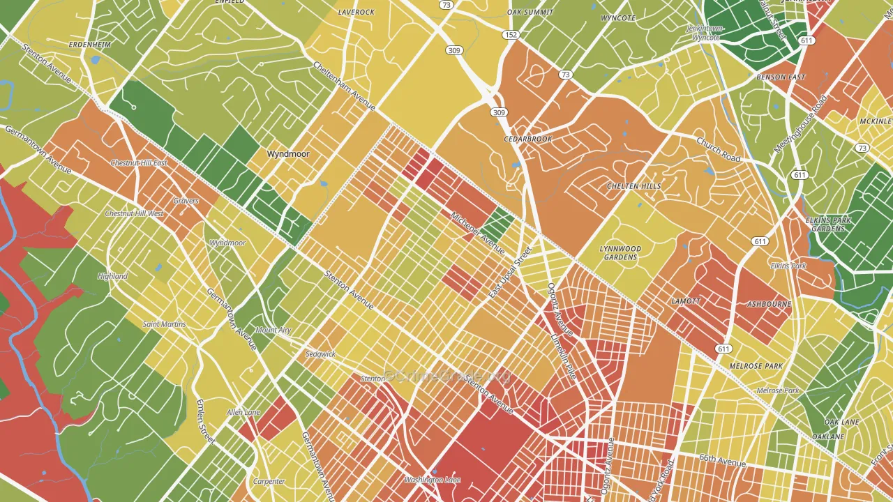 Cedar Brook, Philadelphia, PA Map of Vandalism Rates