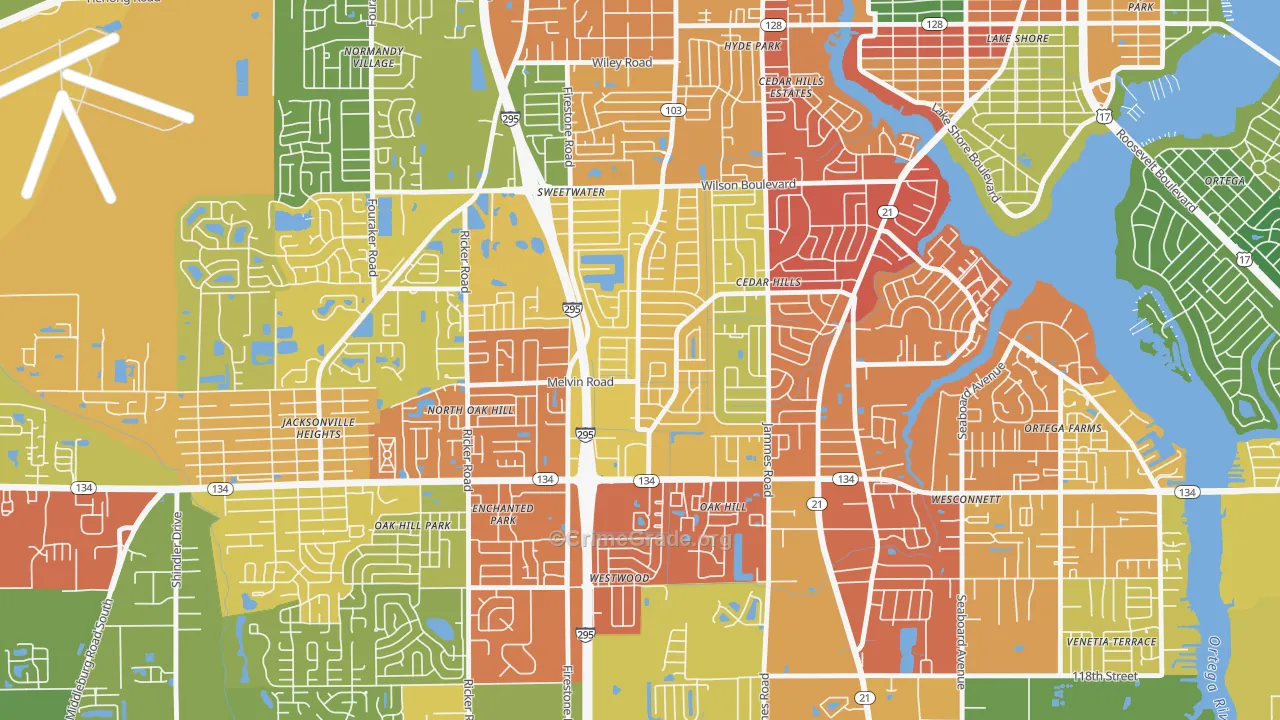 Cedar Hills, Jacksonville, FL Map of Vandalism Rates