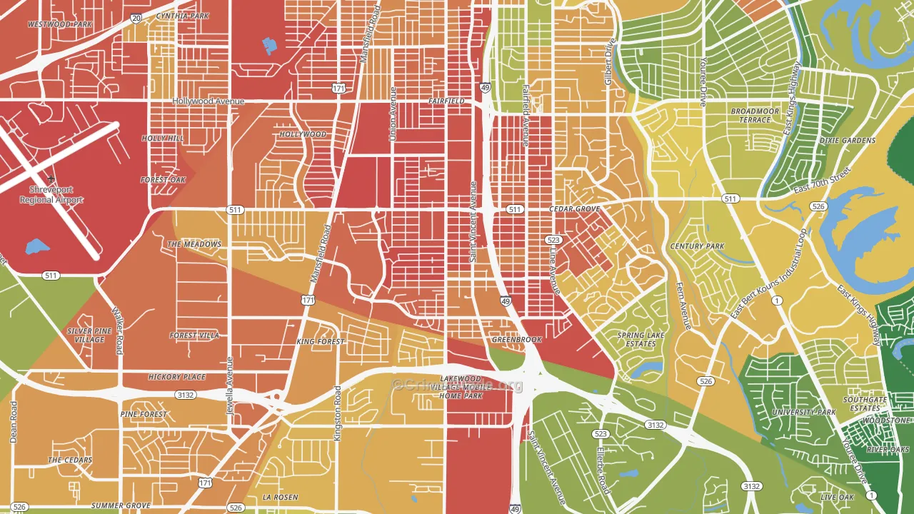 Ceder Grove-Lynbrook, Shreveport, LA Map of Vandalism Rates
