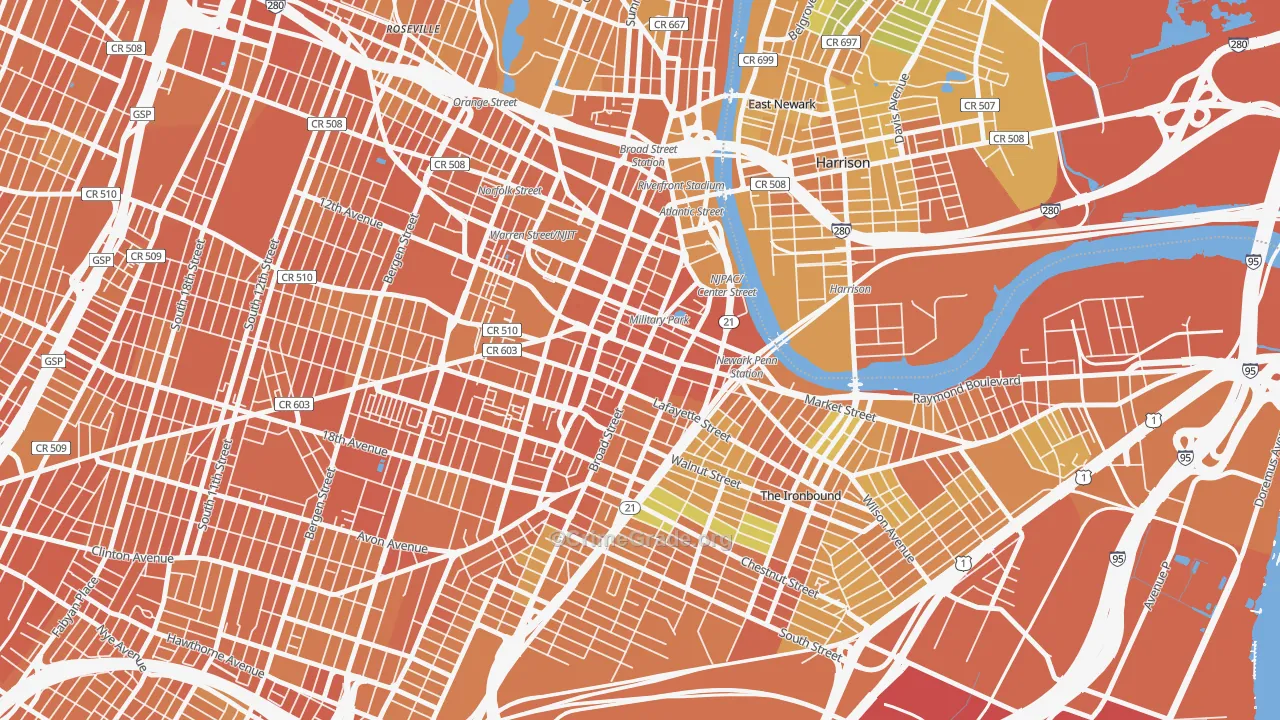 Central Business District, Newark, NJ Map of Vandalism Rates