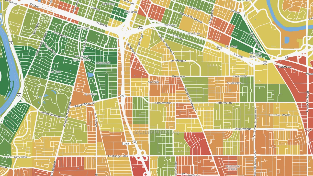 Central Oak Park, Sacramento, CA Map of Vandalism Rates