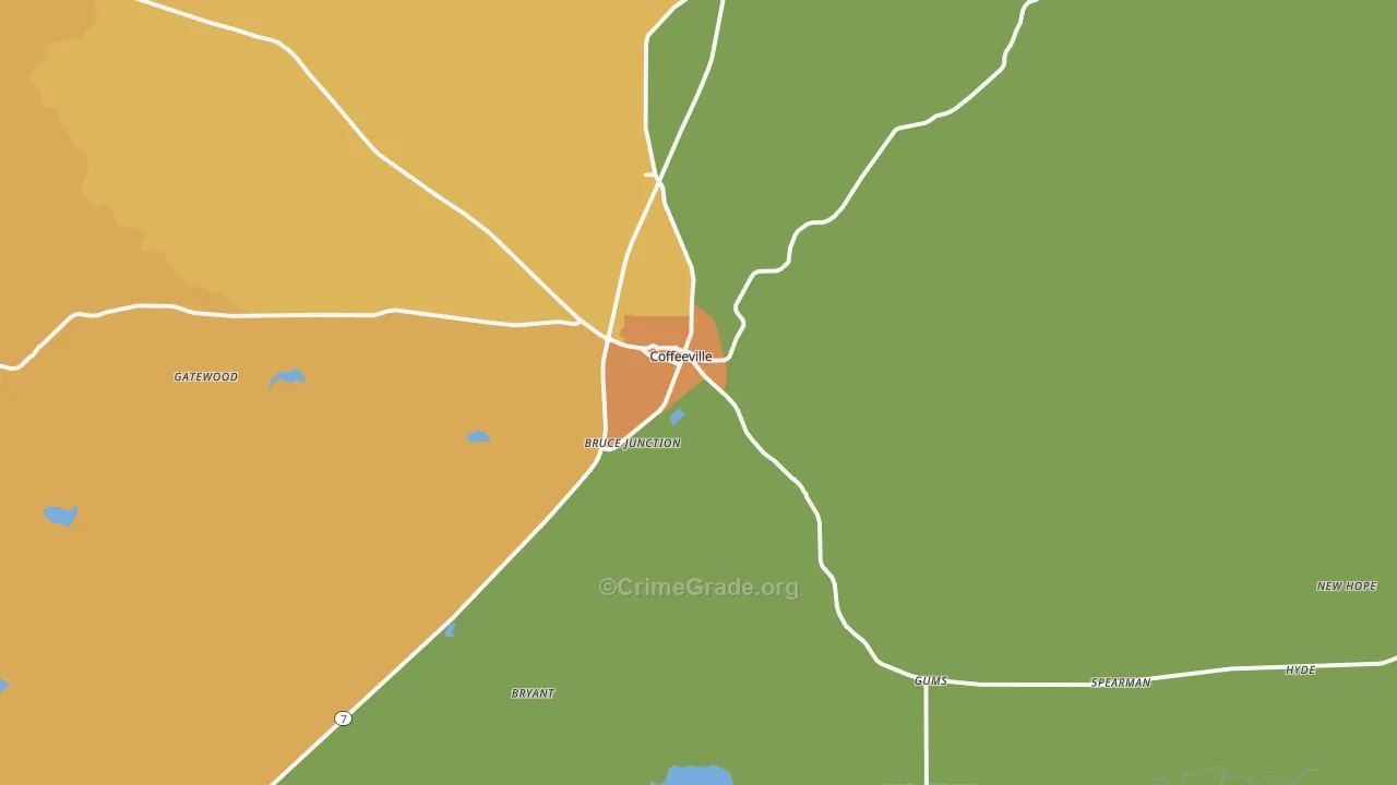 Coffeeville, MS Map of Vandalism Rates