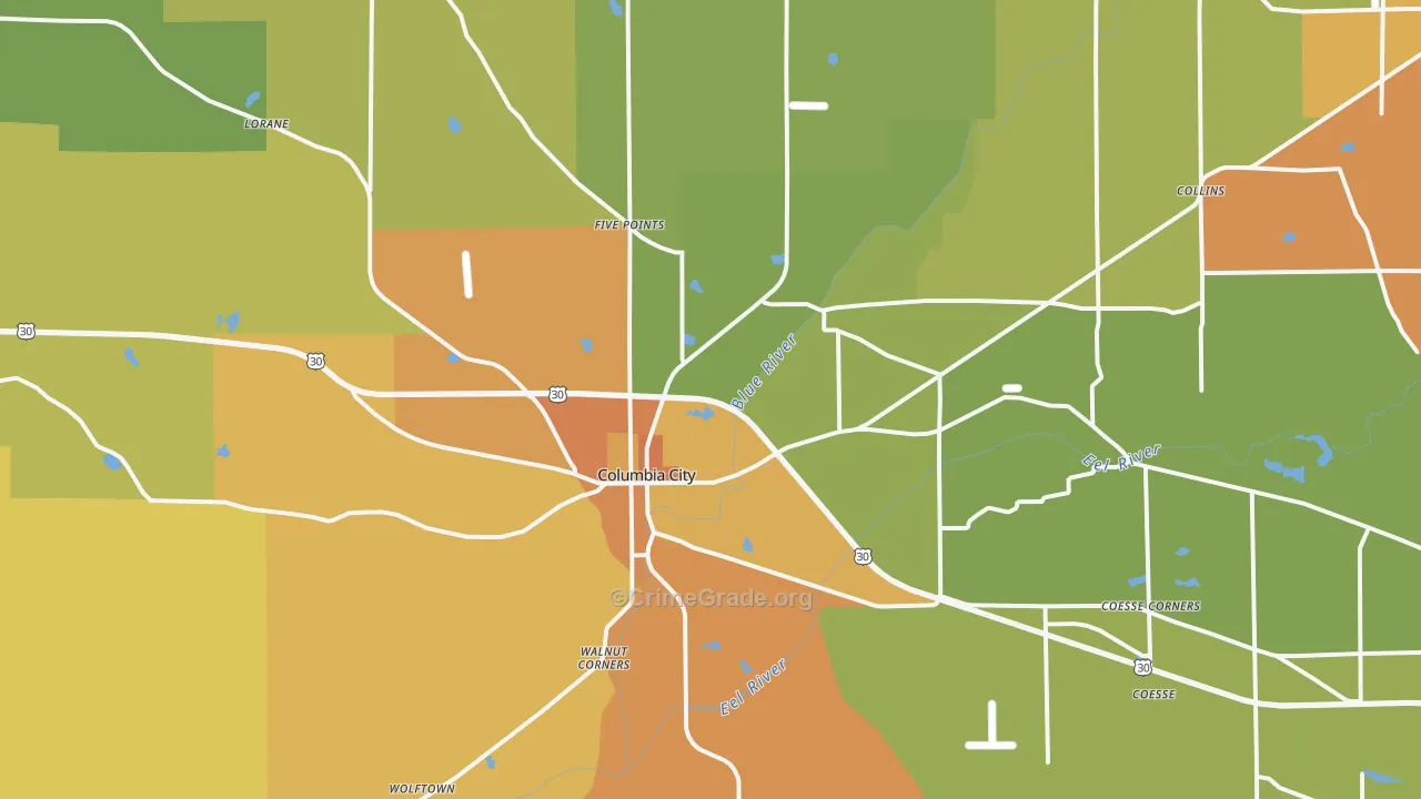 Columbia City, IN Map of Vandalism Rates