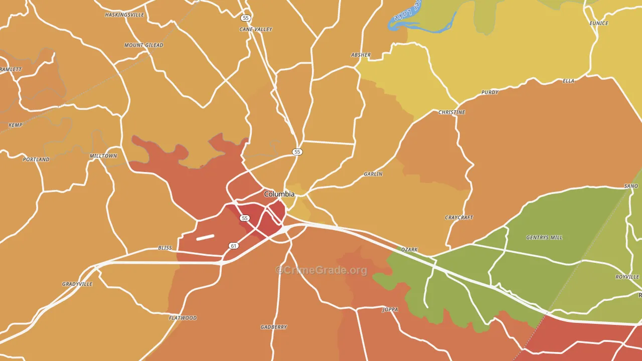 Columbia, KY Map of Vandalism Rates