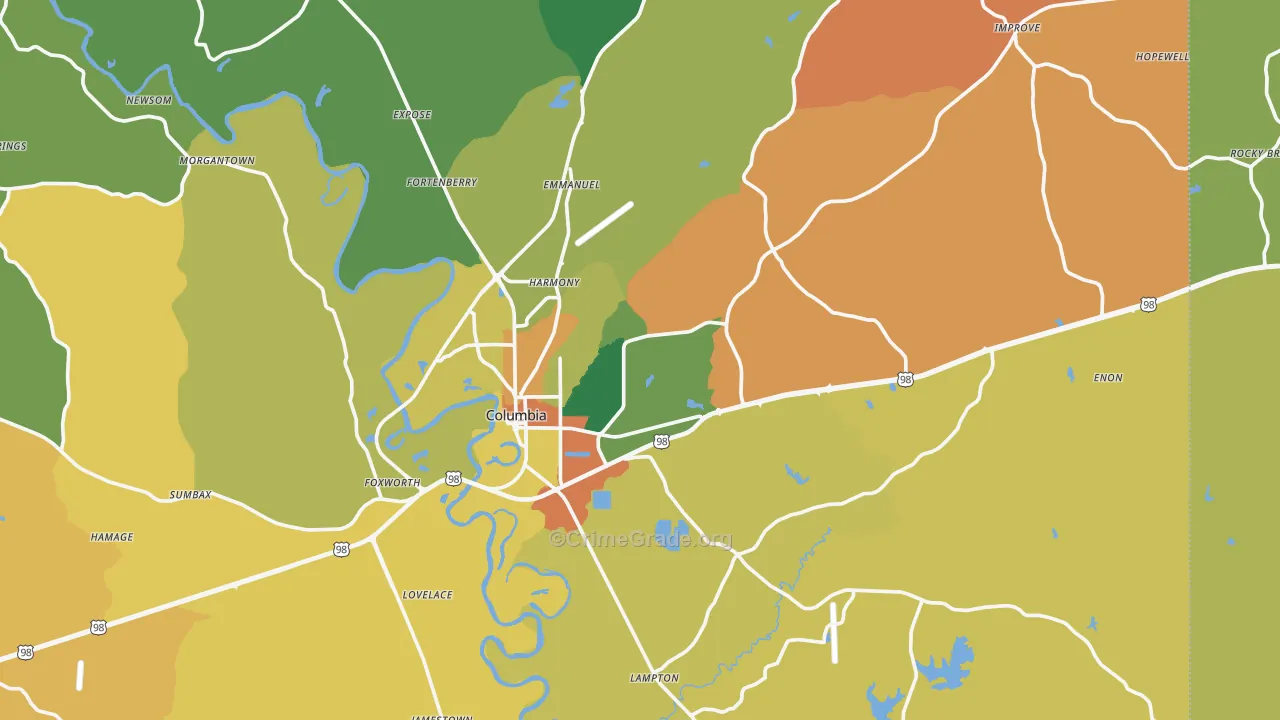 Columbia, MS Map of Vandalism Rates