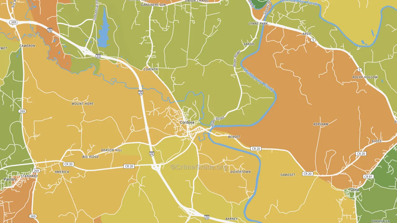 Cordova, AL Map of Vandalism Rates