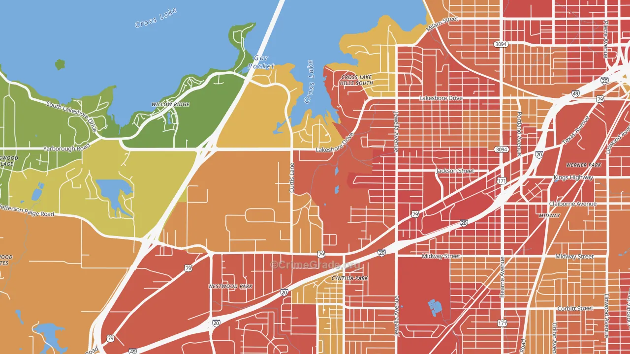 Country Club Hills Lakeshore Shops, Shreveport, LA Map of Vandalism Rates