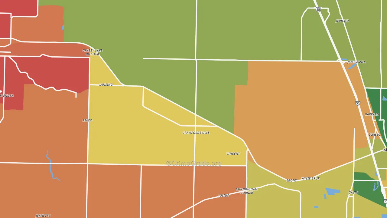 Crawfordsville, AR Map of Vandalism Rates