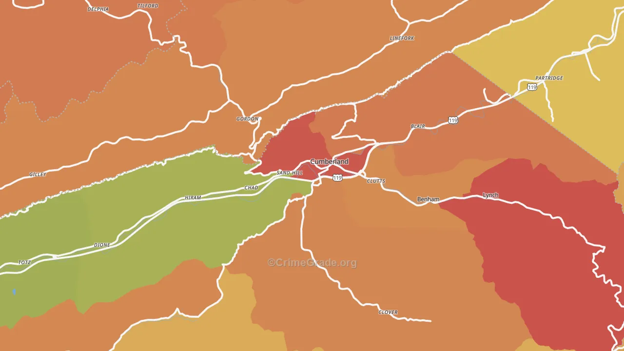 Cumberland, KY Map of Vandalism Rates