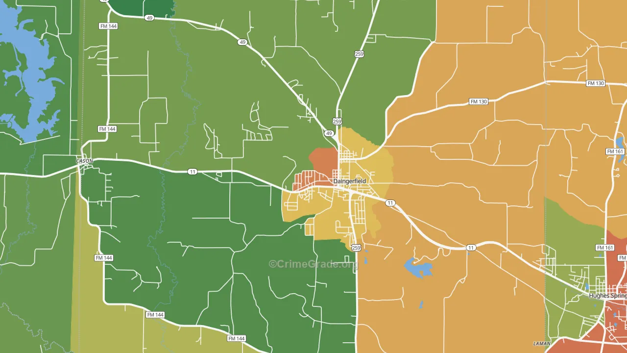 Daingerfield, TX Map of Vandalism Rates