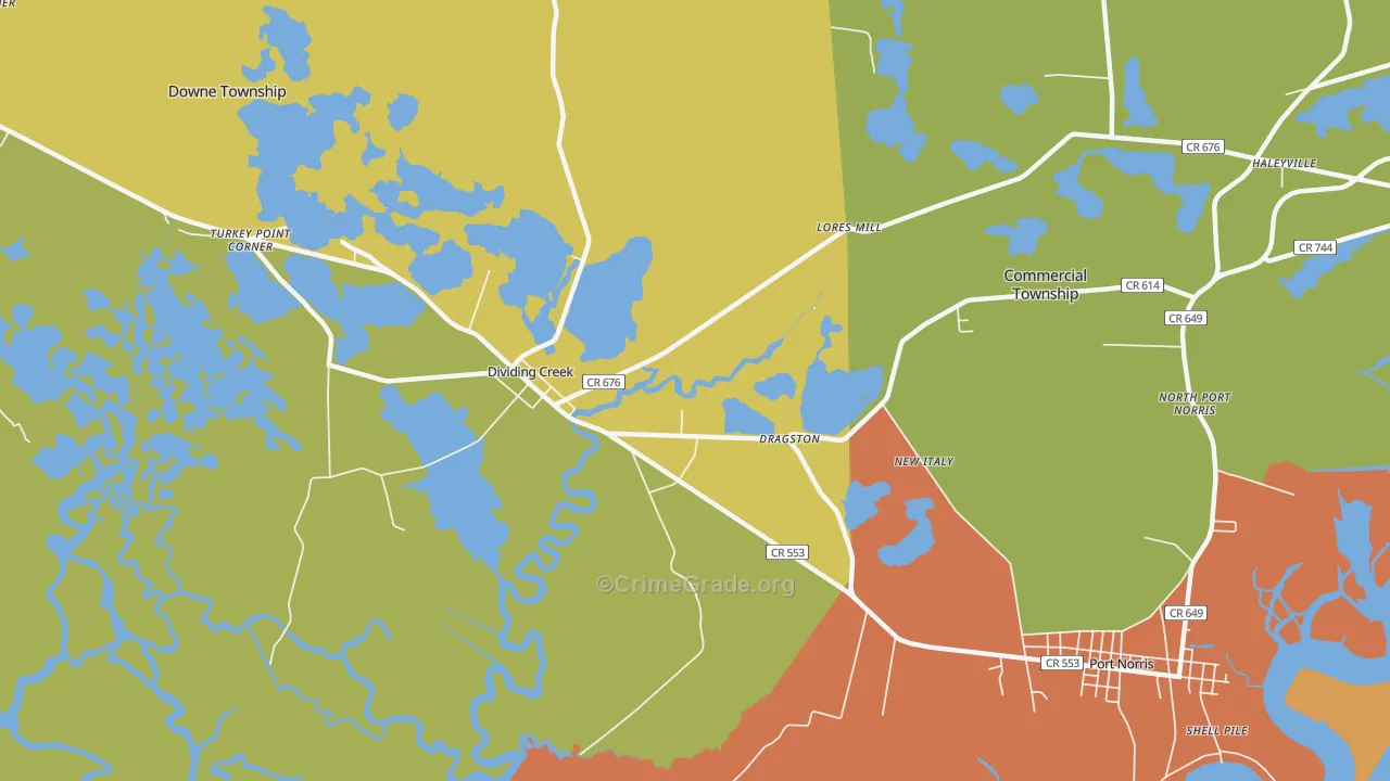 Dividing Creek, NJ Map of Vandalism Rates