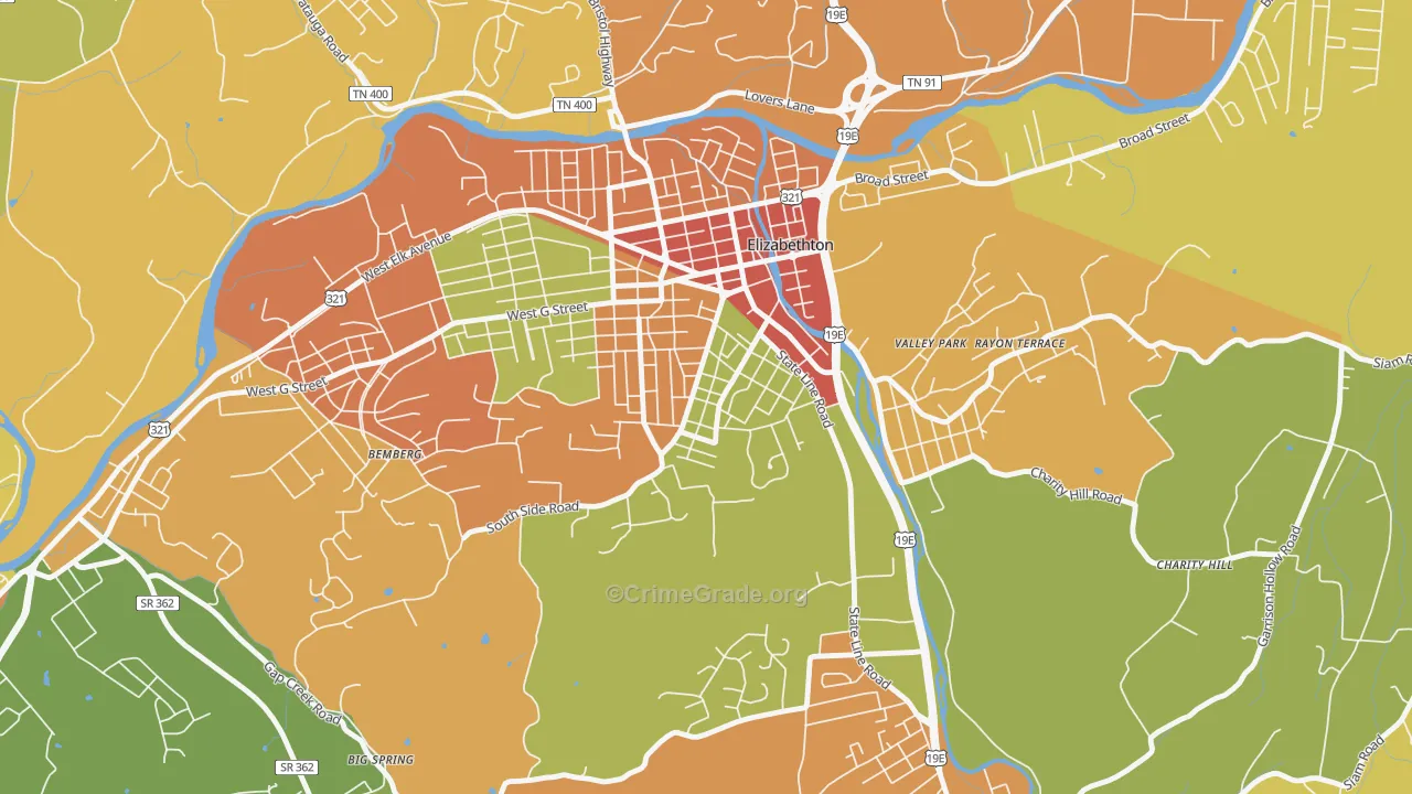 Douglas, Elizabethton, TN Map of Vandalism Rates