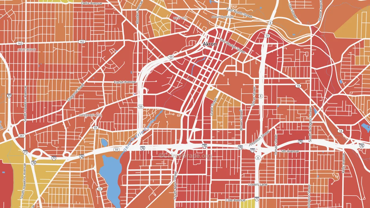 Downtown Akron, Akron, OH Map of Vandalism Rates