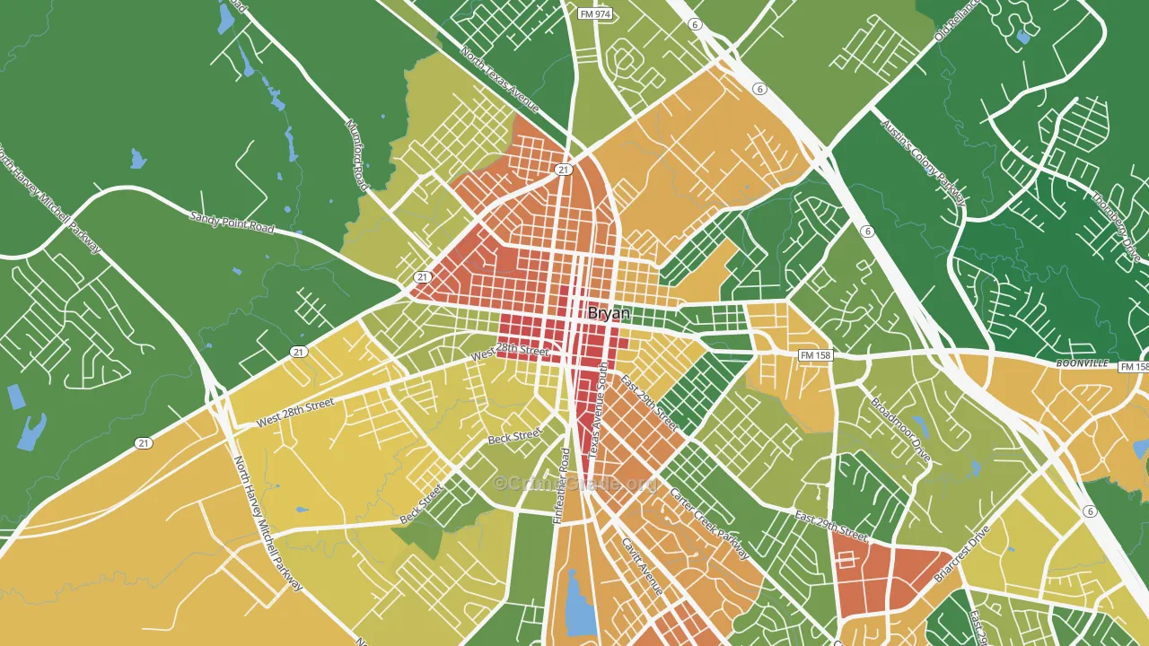 Downtown Bryan, Bryan, TX Map of Vandalism Rates
