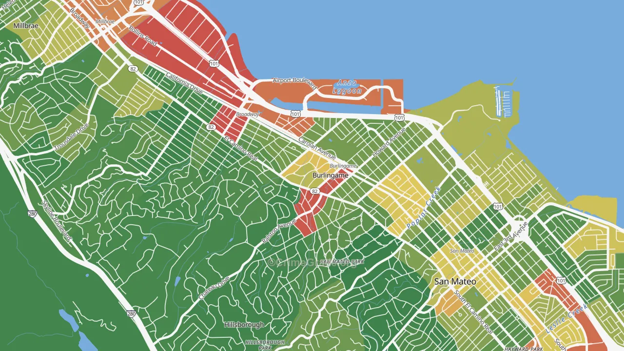 Downtown Burlingame, Burlingame, CA Map of Vandalism Rates
