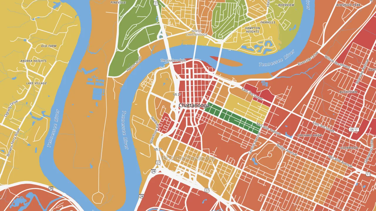 Downtown Chattanooga, Chattanooga, TN Map of Vandalism Rates