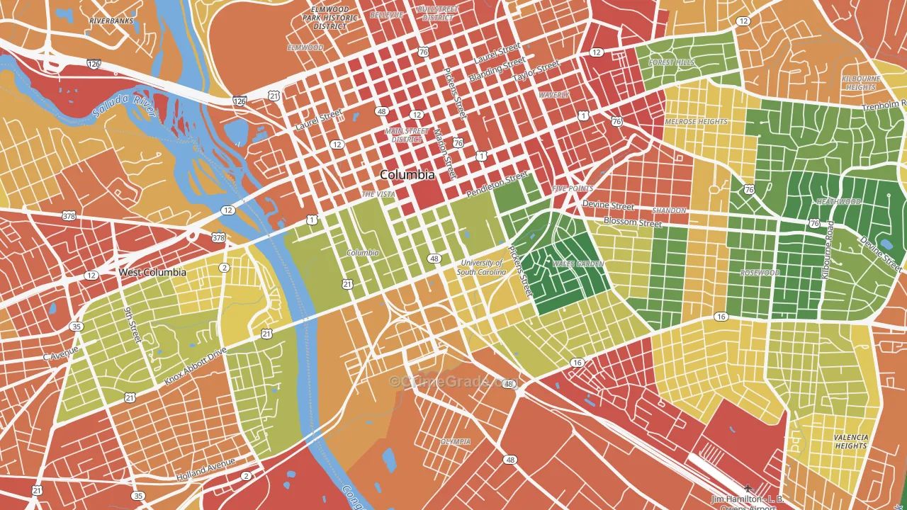 Downtown Columbia, Columbia, SC Map of Vandalism Rates