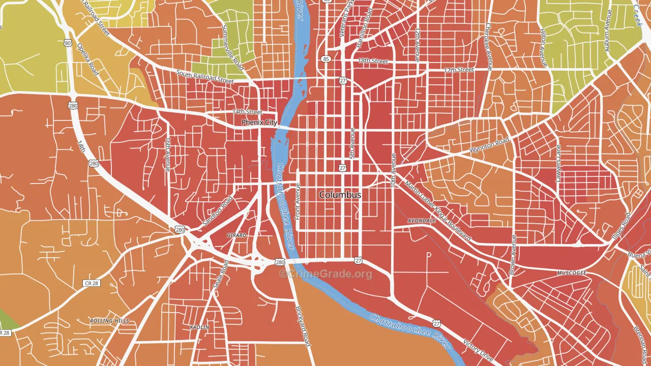 Downtown Columbus, Columbus, GA Map of Vandalism Rates