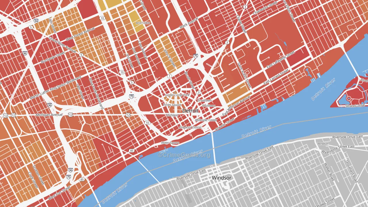 Downtown Detroit, Detroit, MI Map of Vandalism Rates