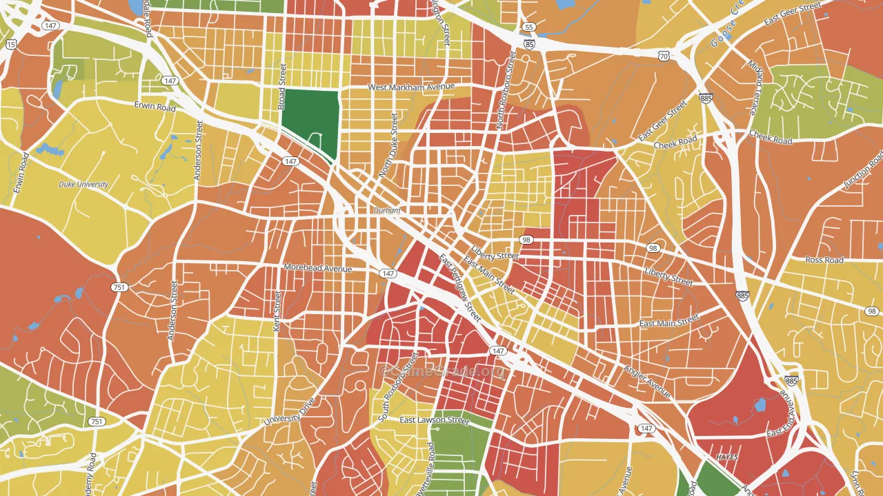 Downtown Durham, Durham, NC Map of Vandalism Rates