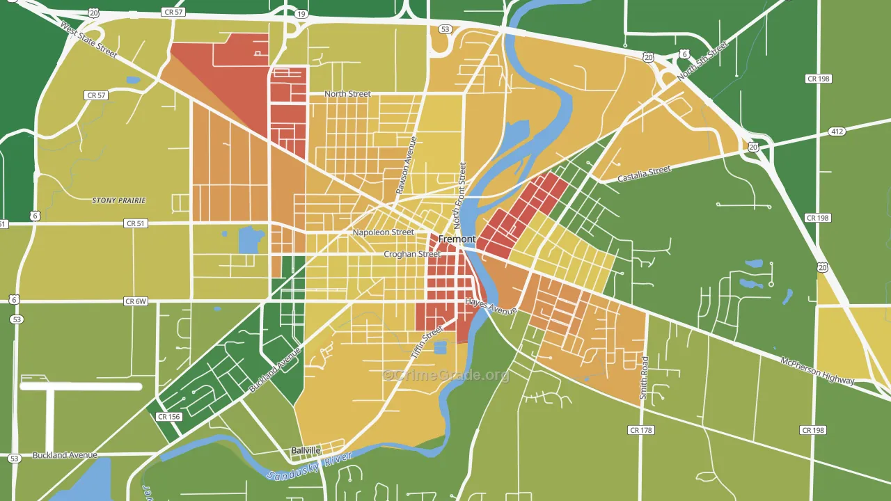 Downtown Fremont Historic District, Fremont, OH Map of Vandalism Rates