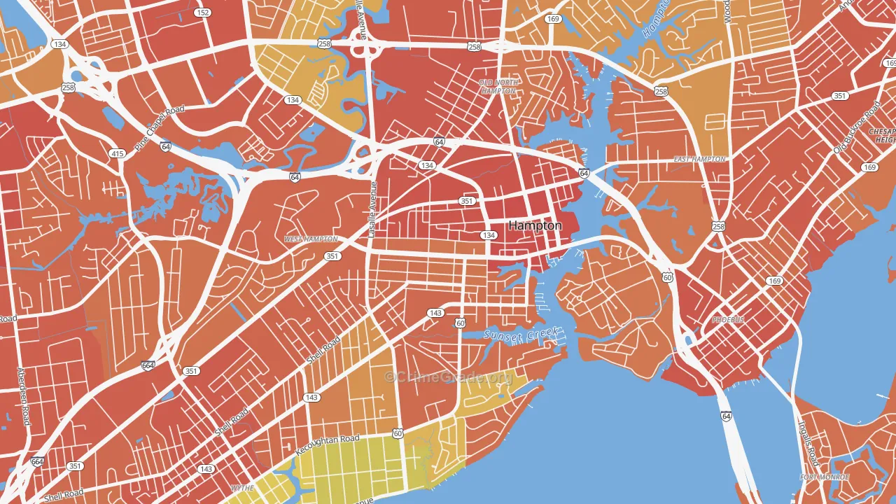 Downtown Hampton, Hampton, VA Map of Vandalism Rates
