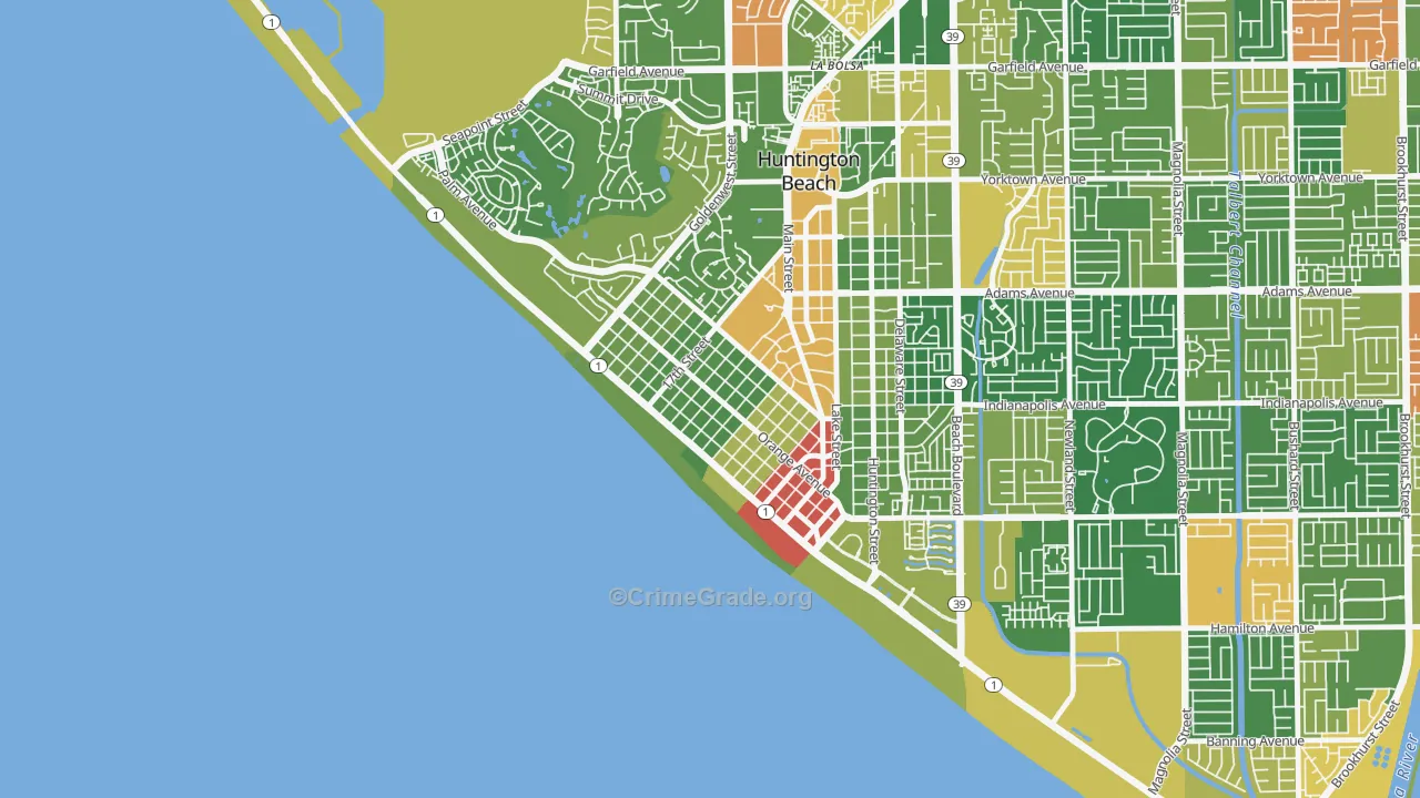 Downtown Huntington Beach, Huntington Beach, CA Map of Vandalism Rates